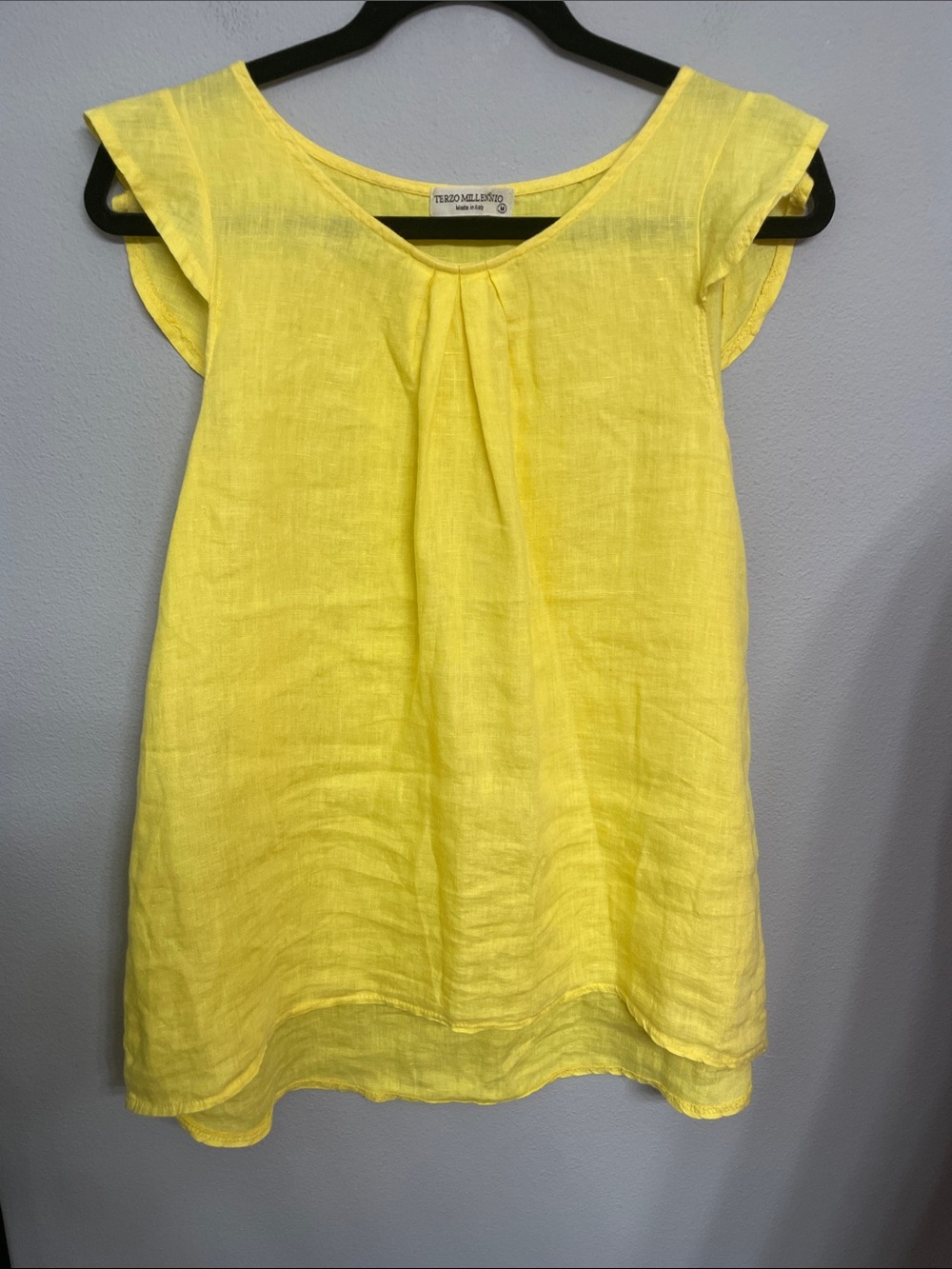 Terzo Millennio Made In Italy Yellow 100% Linen Flutter Sleeve Pleated Top M